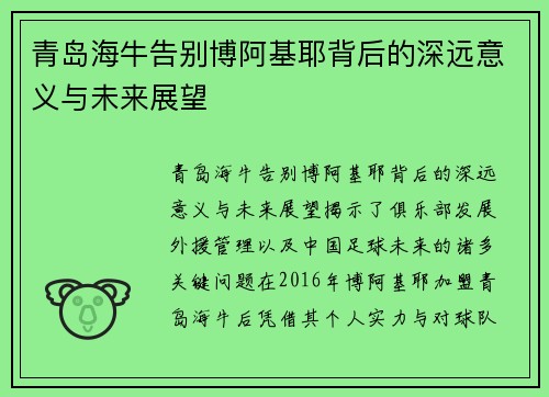 青岛海牛告别博阿基耶背后的深远意义与未来展望