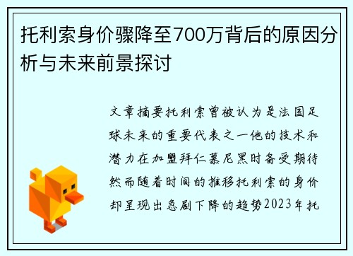 托利索身价骤降至700万背后的原因分析与未来前景探讨