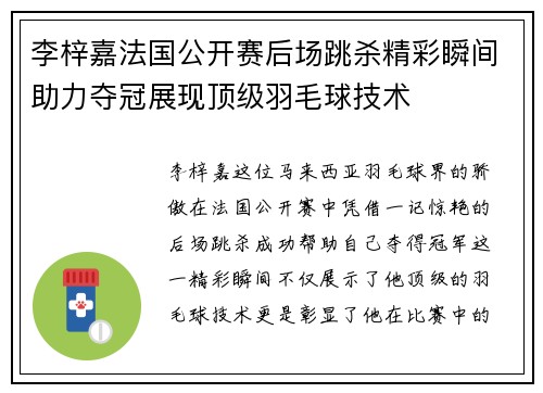 李梓嘉法国公开赛后场跳杀精彩瞬间助力夺冠展现顶级羽毛球技术